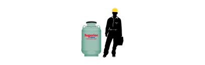 A Superior Propane employee next to a 420-pound propane cylinder